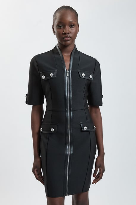 Short Sleeve Pu Tipped Military Bandage Mini Dress - Image 1