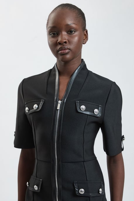 Short Sleeve Pu Tipped Military Bandage Mini Dress - Image 4