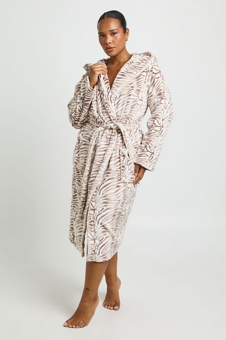 Plus Zebra Print Fleece Hooded Long Dressing Gown - Image 1