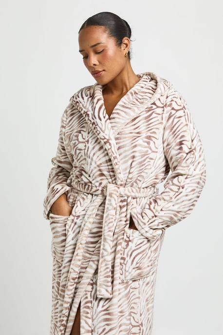 Plus Zebra Print Fleece Hooded Long Dressing Gown - Image 2