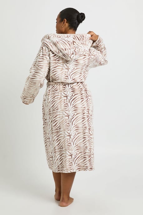 Plus Zebra Print Fleece Hooded Long Dressing Gown - Image 3