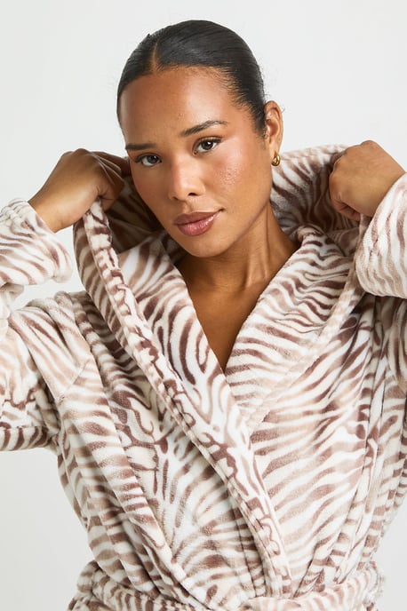 Plus Zebra Print Fleece Hooded Long Dressing Gown - Image 4