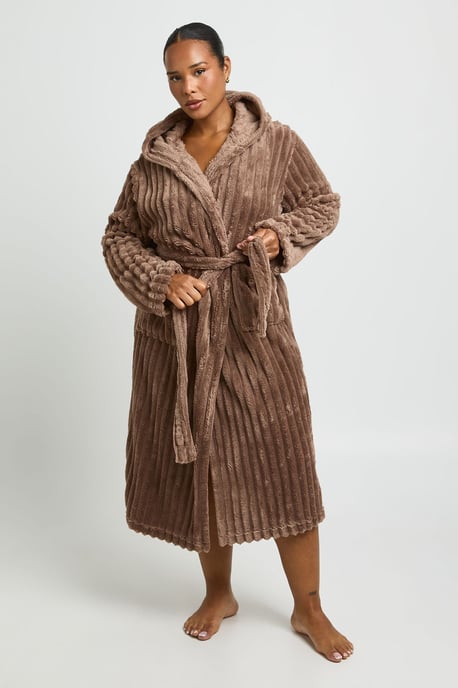 Plus Ribbed Fleece Hooded Long Dressing Gown - Image 1