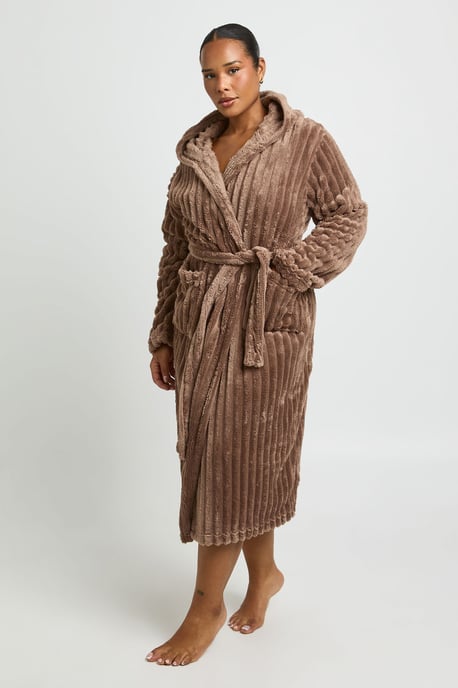 Plus Ribbed Fleece Hooded Long Dressing Gown - Image 2