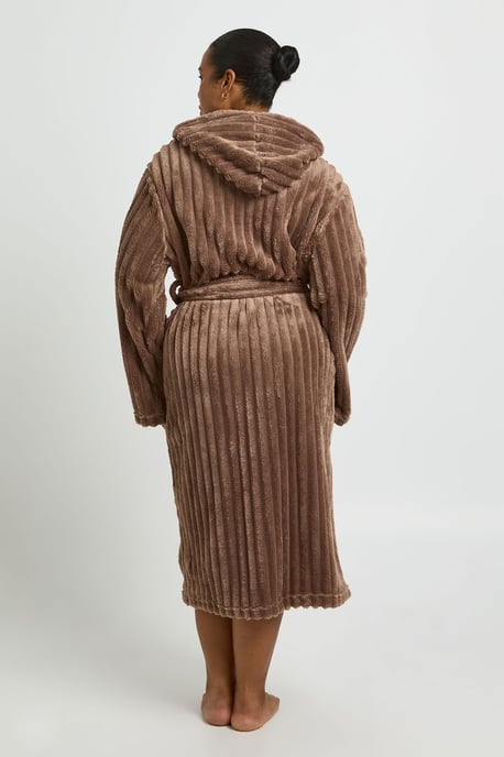 Plus Ribbed Fleece Hooded Long Dressing Gown - Image 3