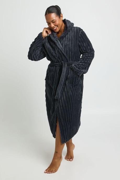 Plus Ribbed Fleece Hooded Long Dressing Gown - Image 1
