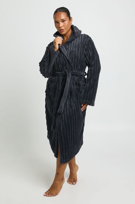 Plus Ribbed Fleece Hooded Long Dressing Gown - Image 2