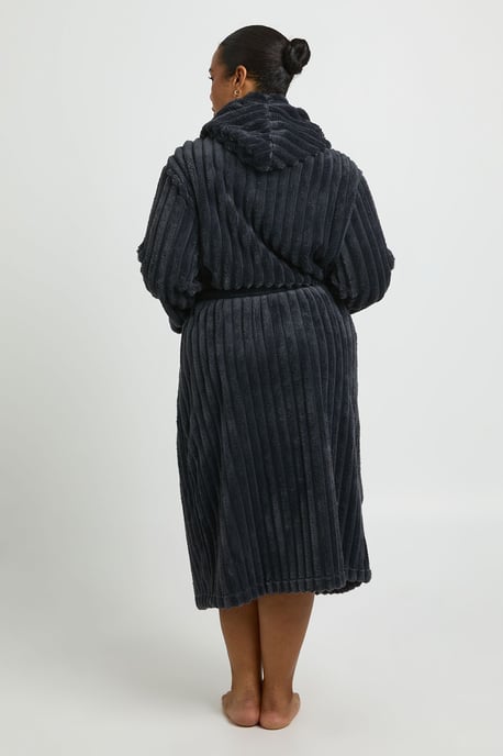Plus Ribbed Fleece Hooded Long Dressing Gown - Image 3