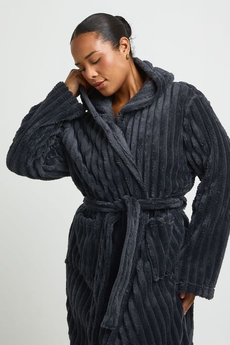 Plus Ribbed Fleece Hooded Long Dressing Gown - Image 4
