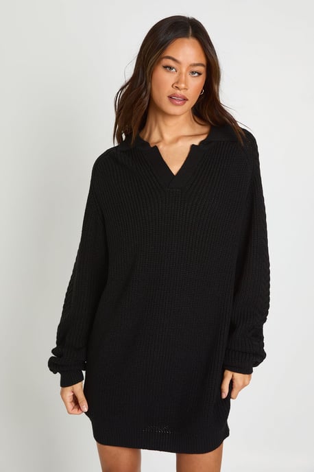 Tall Chunky Knit Collared V Neck Jumper Dress - Image 1