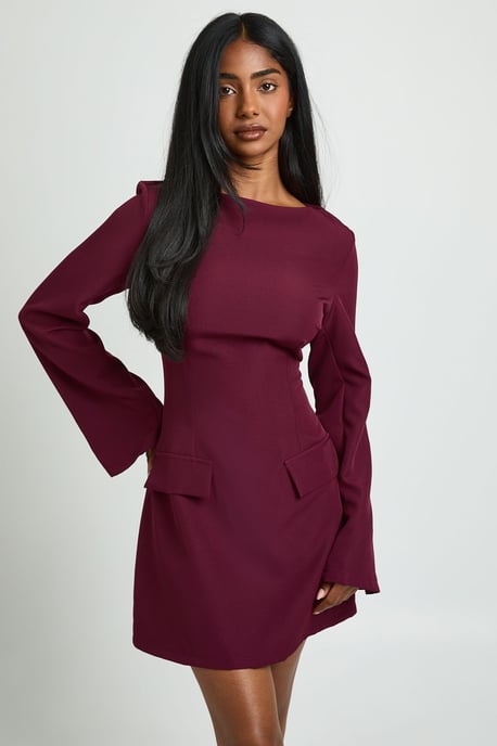 Long Sleeve Slash Neck Tailored Mini Dress - Image 3