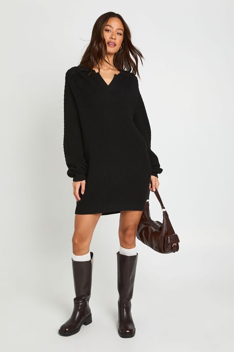 Tall Chunky Knit Collared V Neck Jumper Dress - Image 2