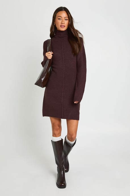 Tall High Neck Seam Detail Knitted Mini Jumper Dress - Image 1