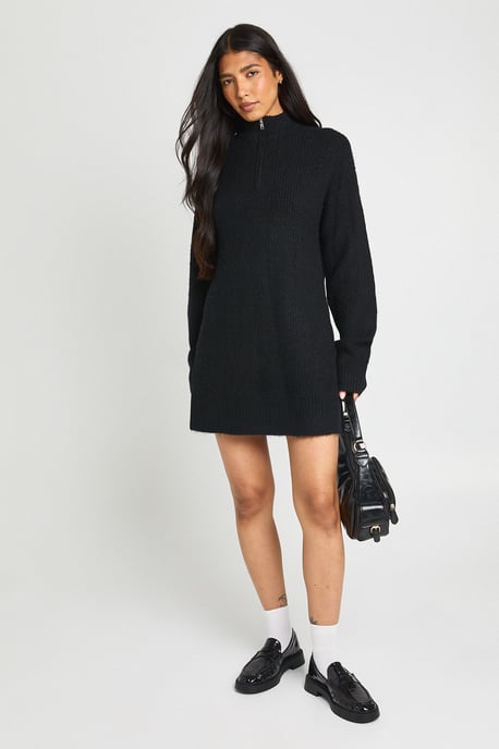 Tall Soft Knit Oversized Knitted Zip Neck Jumper Dress - Image 1