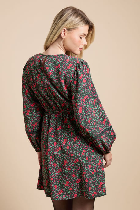 Red Rose Lace Insert Yoke Tie Detail Mini Dress - Image 3