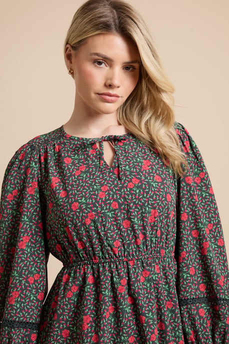 Red Rose Lace Insert Yoke Tie Detail Mini Dress - Image 4