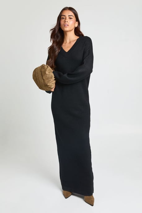 V Neck Long Sleeve Knitted Maxi Dress - Image 1