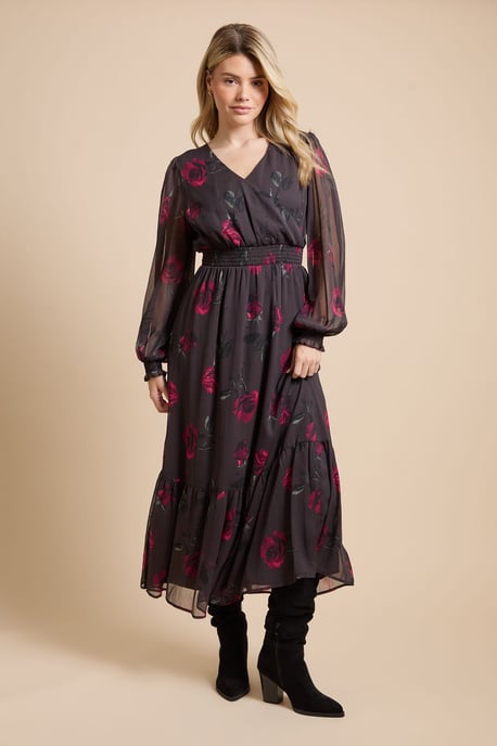 Pink Rose Wrap Front Blouson Sleeve Printed Chiffon Tiered Maxi Dress - Image 1