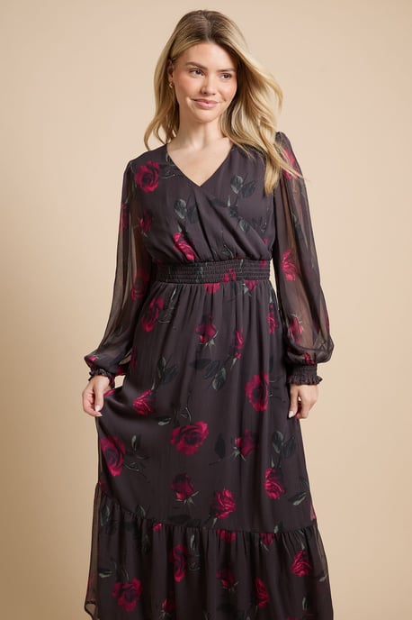 Pink Rose Wrap Front Blouson Sleeve Printed Chiffon Tiered Maxi Dress - Image 2