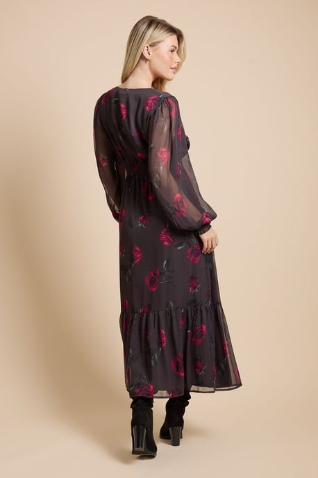 Pink Rose Wrap Front Blouson Sleeve Printed Chiffon Tiered Maxi Dress - Image 3
