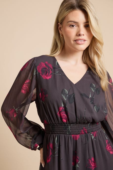 Pink Rose Wrap Front Blouson Sleeve Printed Chiffon Tiered Maxi Dress - Image 4