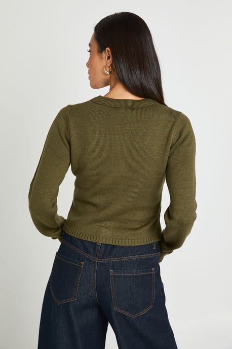Rib Knit Collared Knitted Cardigan - Image 2