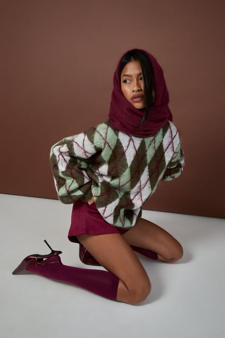 Brushed Knit Argyle Oversized Knitted Jumper - Image 1