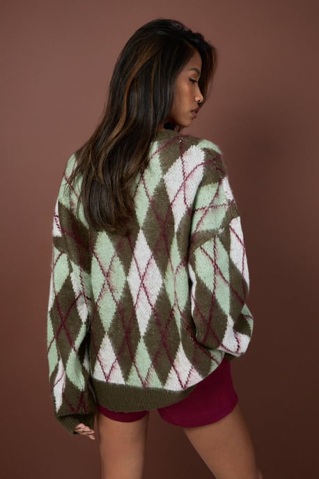 Brushed Knit Argyle Oversized Knitted Jumper - Image 2