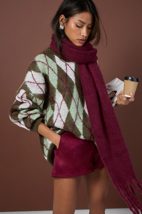 Brushed Knit Argyle Oversized Knitted Jumper - Image 3