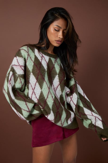 Brushed Knit Argyle Oversized Knitted Jumper - Image 4