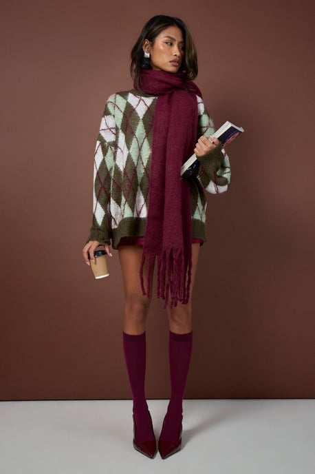 Brushed Knit Argyle Oversized Knitted Jumper - Image 5