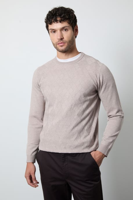 Oatmeal Argyle Jacquard Knitted Crew Neck Jumper - Image 1