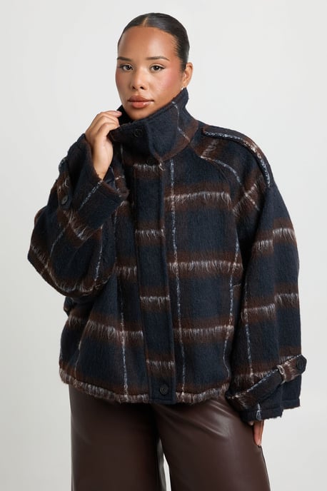 Plus Check Funnel Neck Wool Look Jacket - Image 1