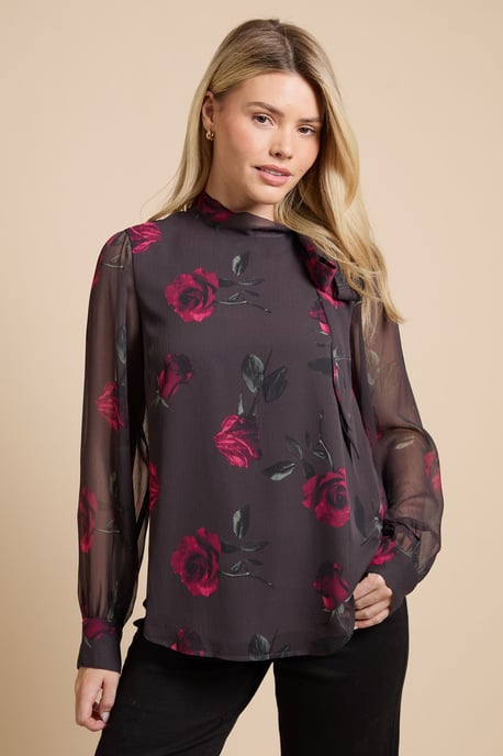 Floral Printed Chiffon Pussy Bow Tie Blouse - Image 1