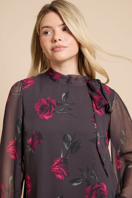 Floral Printed Chiffon Pussy Bow Tie Blouse - Image 2