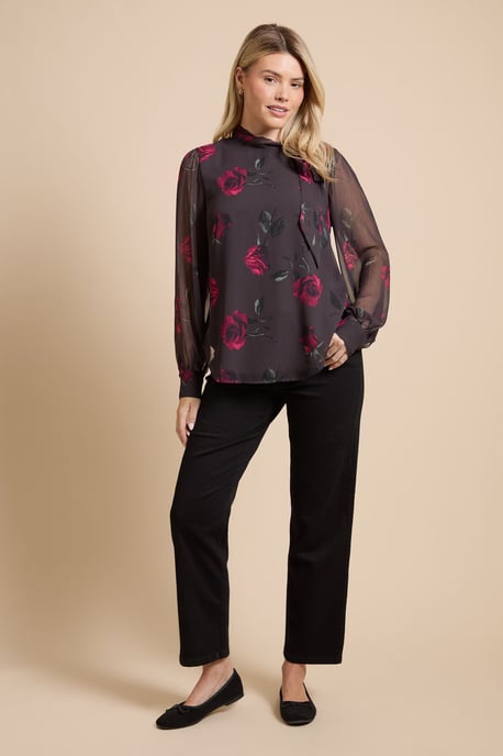 Floral Printed Chiffon Pussy Bow Tie Blouse - Image 4