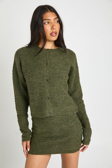 Tall Textured Knit Button Through Knitted Cardigan and Mini Skirt Co-Ord - Image 1
