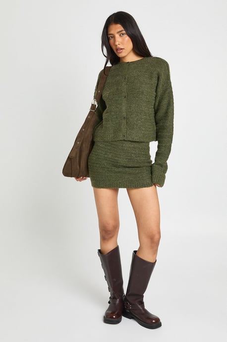 Tall Textured Knit Button Through Knitted Cardigan and Mini Skirt Co-Ord - Image 3