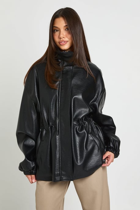 Cinched Waist Detail Faux Leather Jacket - Image 1