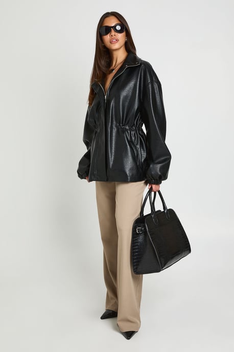 Cinched Waist Detail Faux Leather Jacket - Image 2