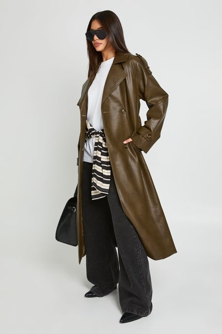 Faux Leather Belted Trench Coat - Image 1