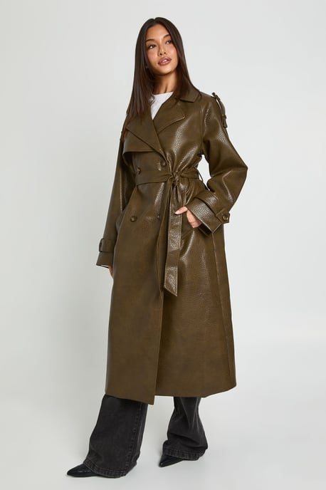 Faux Leather Belted Trench Coat - Image 2