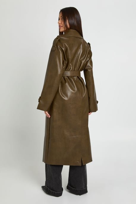 Faux Leather Belted Trench Coat - Image 3