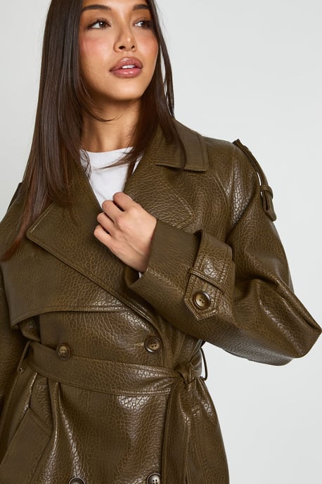 Faux Leather Belted Trench Coat - Image 4