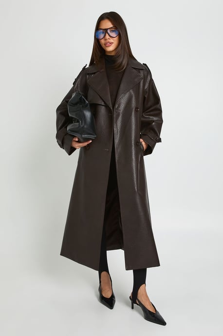 Faux Leather Belted Trench Coat - Image 1