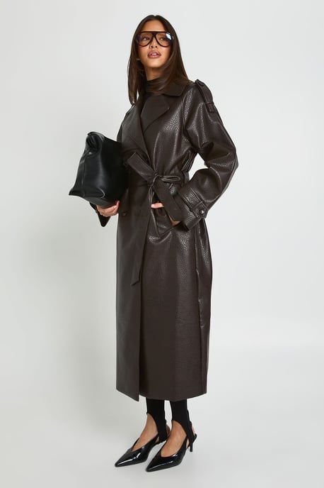 Faux Leather Belted Trench Coat - Image 2