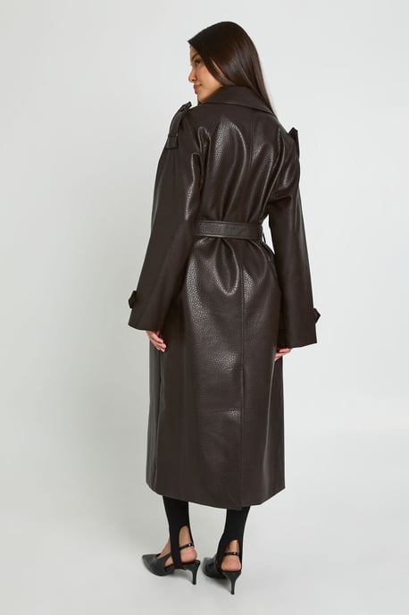 Faux Leather Belted Trench Coat - Image 3