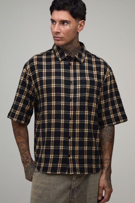Tall Essential Oversized Curve Hem Flannel Half Sleeve Shirt - Image 1