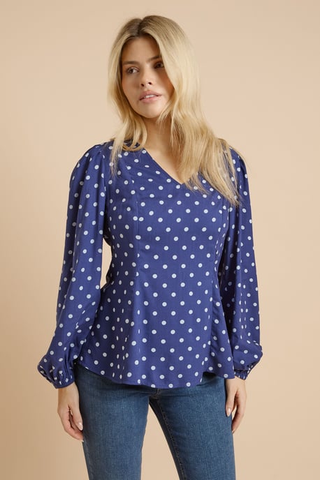 Spot V Neck Blouson Sleeve Top - Image 1