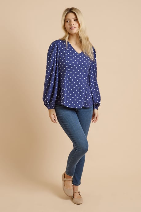 Spot V Neck Blouson Sleeve Top - Image 2